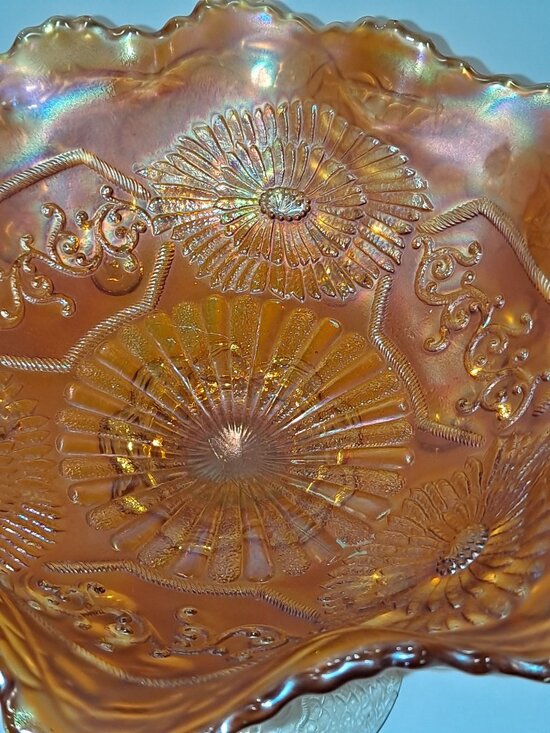 Fenton Marigold Carnival Glass Mikado Large Compote Footed  Fenton Carnival Glass Marigold Mikado Large Footed Compote